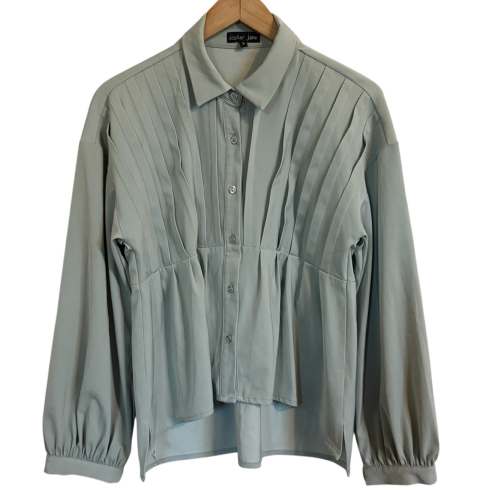 Sister Jane Blouse Sage Green Pleated Button Up Long Sleeve Women’s Size Small